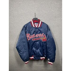 Vintage 90s ATLANTA BRAVES BLUE SATIN JACKET Sz L STARTER DIAMOND COLLECTION